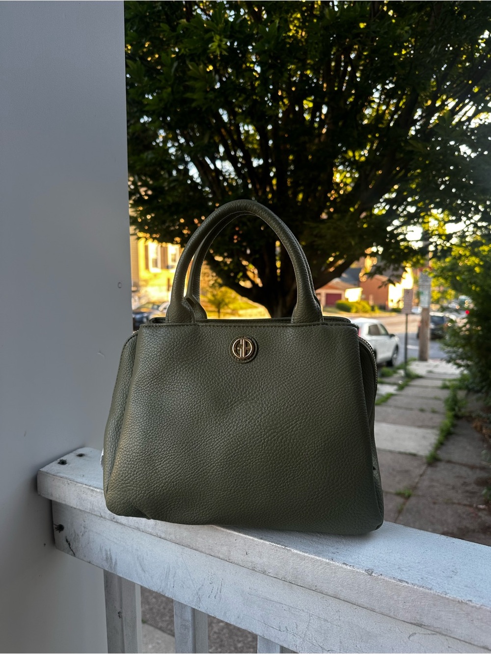 Giani Bernini Olive Green Pebbled Faux Leather Satchel Top Handle Bag Purse